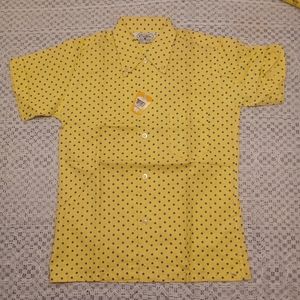 Deadstock 1960s girls croton polka dot button down shirt yellow/ blue polka dots